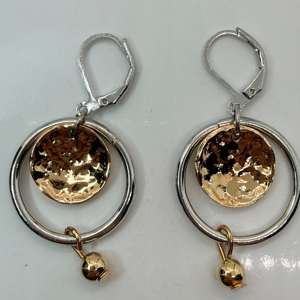 Mixed Metal Hammered Disc Drop Earrings Silver Gold Dangle
